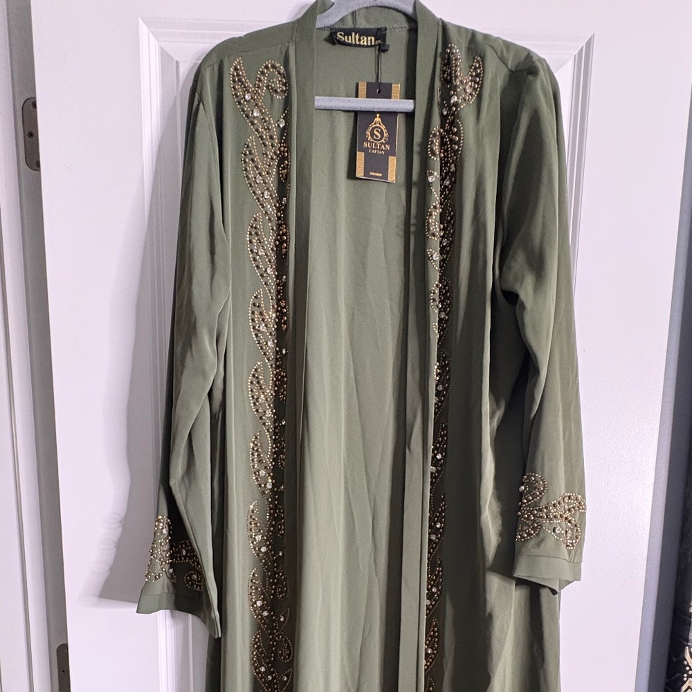 Sultan Brand Beaded Olive Green Open Front Abaya